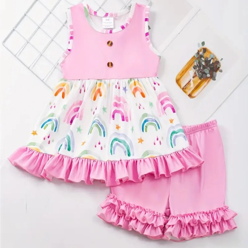 Pink Rainbow Ruffle Dress and Ruffle Shorts Set